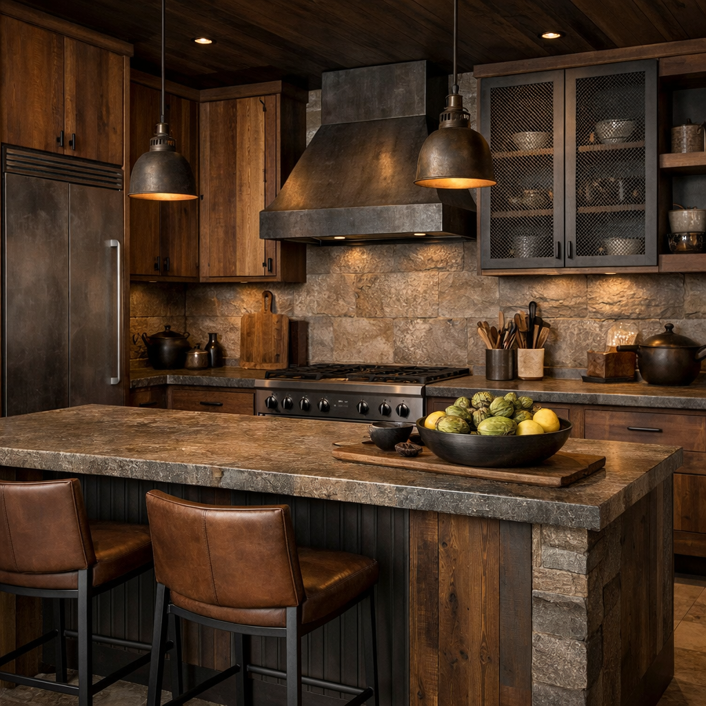 A modern kitchen with brown cabinets, stone walls, a metallic range hood, and textured elements.