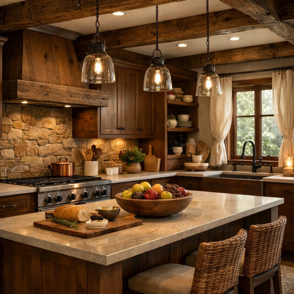 Cozy kitchen with brown cabinets and rustic decor featuring stone walls and wooden beams