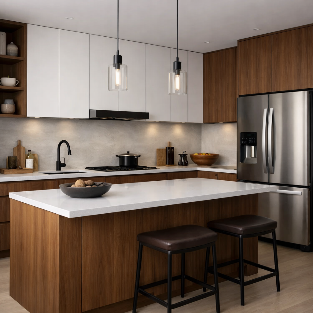 A modern kitchen featuring two-tone cabinetry with brown accents and a stylish island.