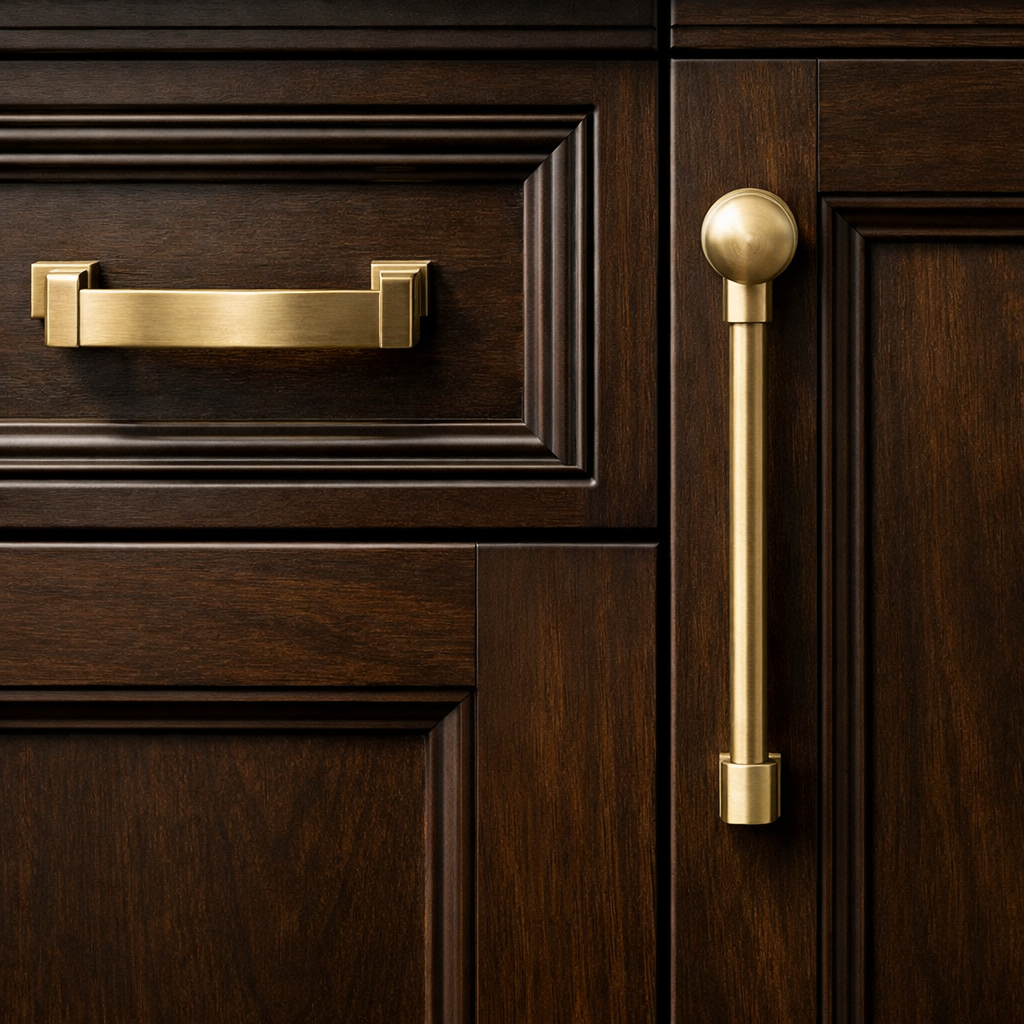 Close-up of dark brown kitchen cabinets with bold metallic handles