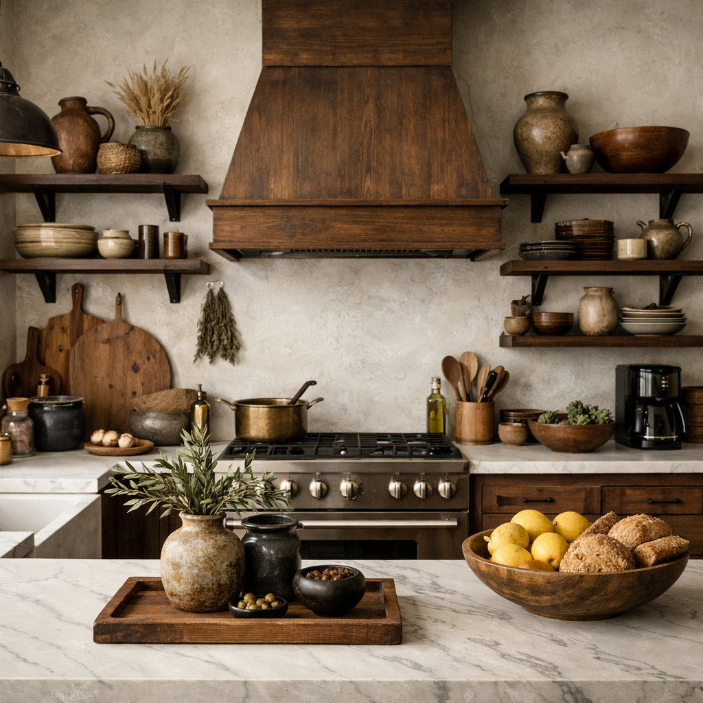 Brightly lit kitchen with dark wood shelves, utensils, and decorative pottery, creating a cozy and inviting atmosphere.
