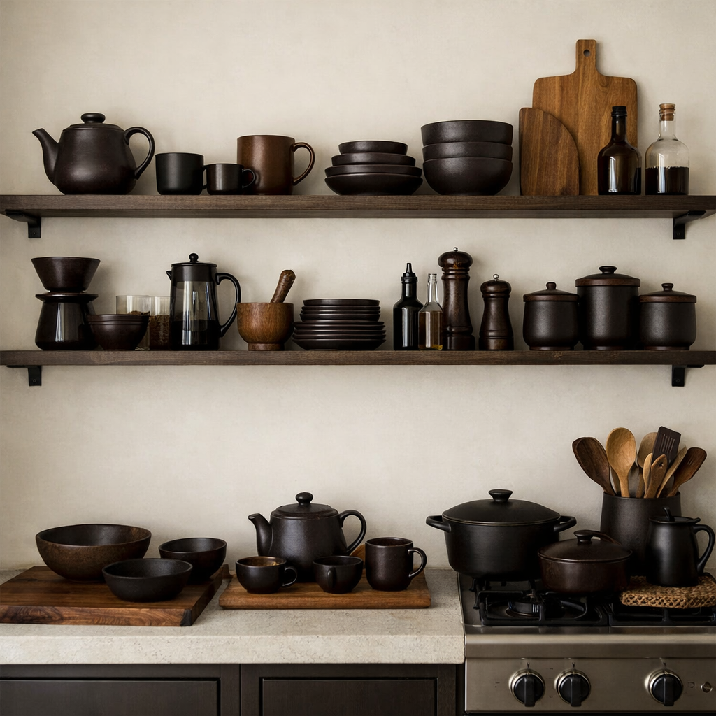 Stylish open shelving displaying dark brown kitchenware and accessories