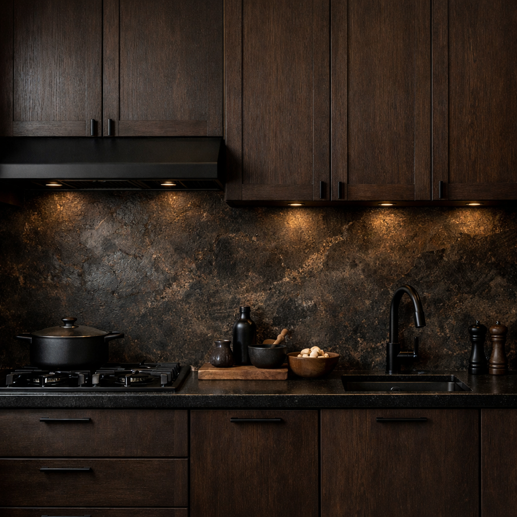 A dark brown kitchen featuring textured backsplash and dark cabinetry.