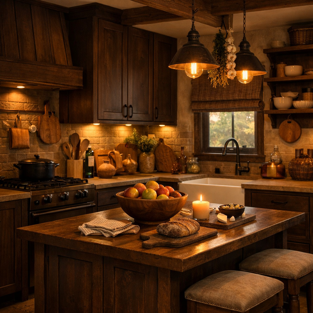 Cozy kitchen with dark brown cabinets, wooden island, and warm lighting.