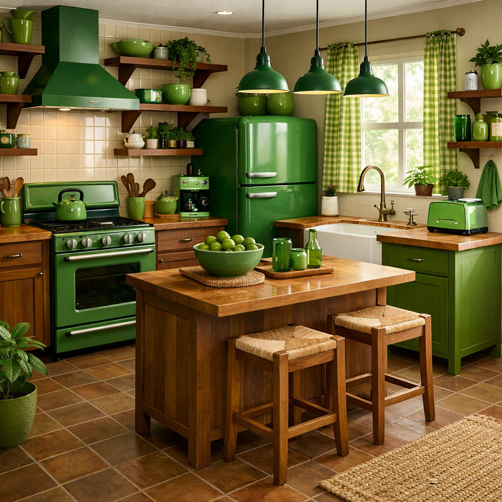 A cozy kitchen featuring brown tile flooring and vibrant green appliances and decor.