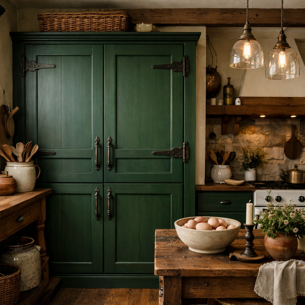 A kitchen featuring deep green pantry doors with rustic hardware, showcasing a cozy and warm design.