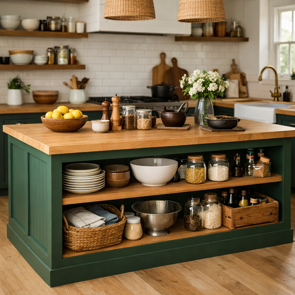 A kitchen featuring a forest green island with natural wood shelving, styled with kitchenware and fresh produce.