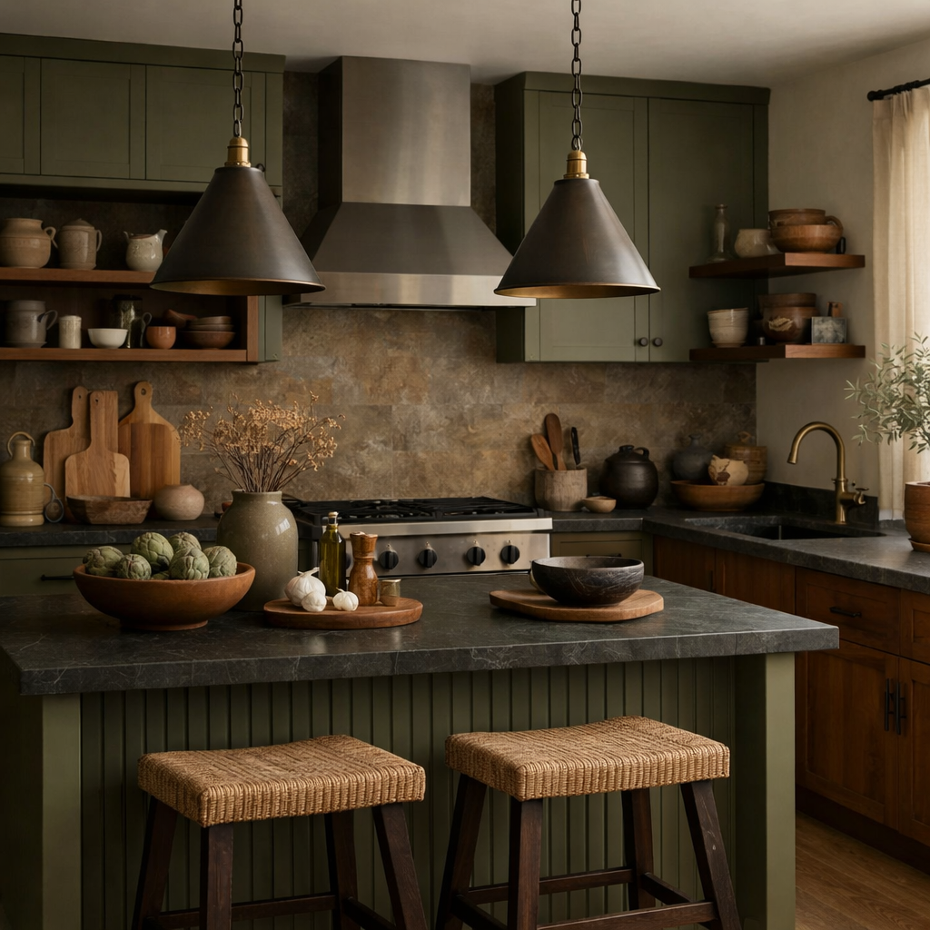 Kitchen featuring muted olive green cabinets and brown accents, creating a cozy and inviting atmosphere.