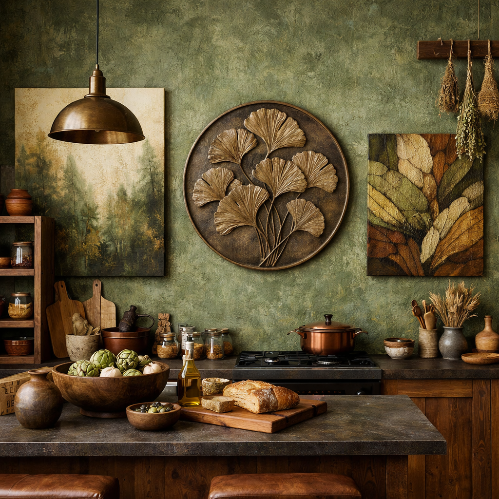 Kitchen featuring textured green wall art and brown elements, creating a cozy atmosphere.