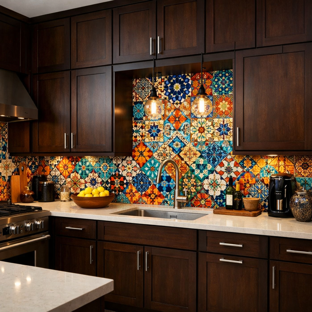 A kitchen with dark brown cabinets and a colorful patterned backsplash.