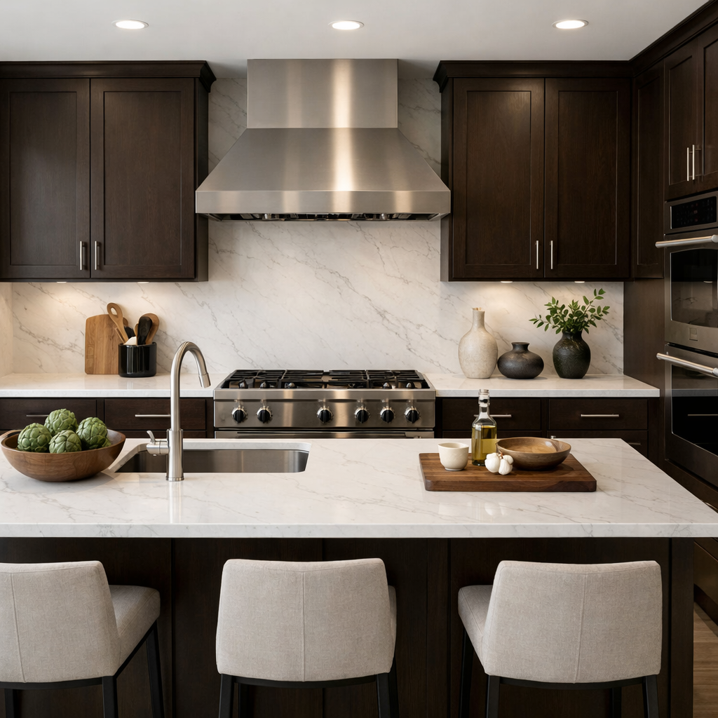 A modern kitchen featuring dark brown cabinets with light marble countertops.