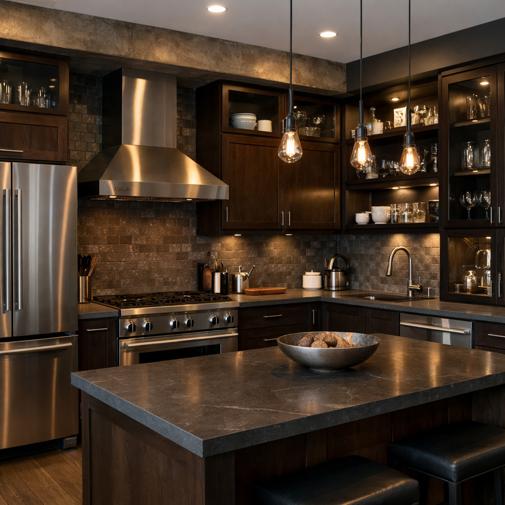 A modern kitchen featuring dark brown cabinets, stainless steel appliances, and textured surfaces.