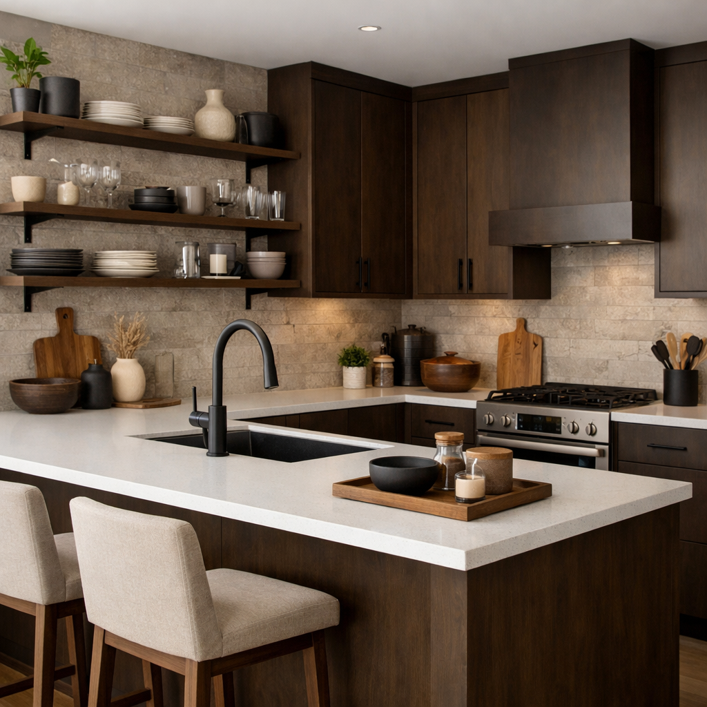 A beautiful kitchen featuring dark brown cabinets and open shelving displaying dinnerware and plants.