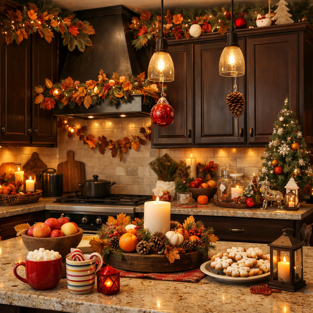 A beautifully decorated kitchen with dark brown cabinets, featuring fall and winter seasonal decorations.