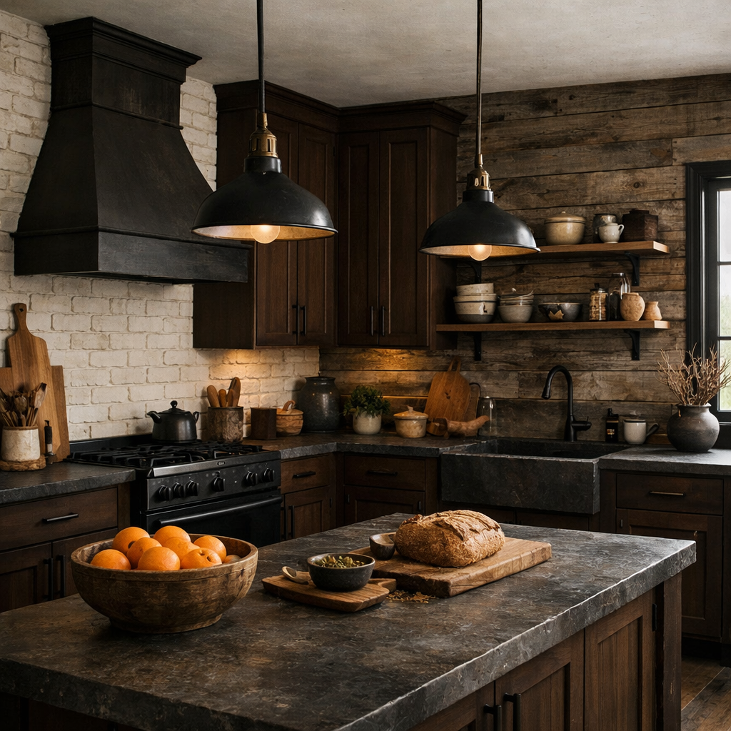A cozy kitchen featuring dark brown cabinets and rustic wall textures.