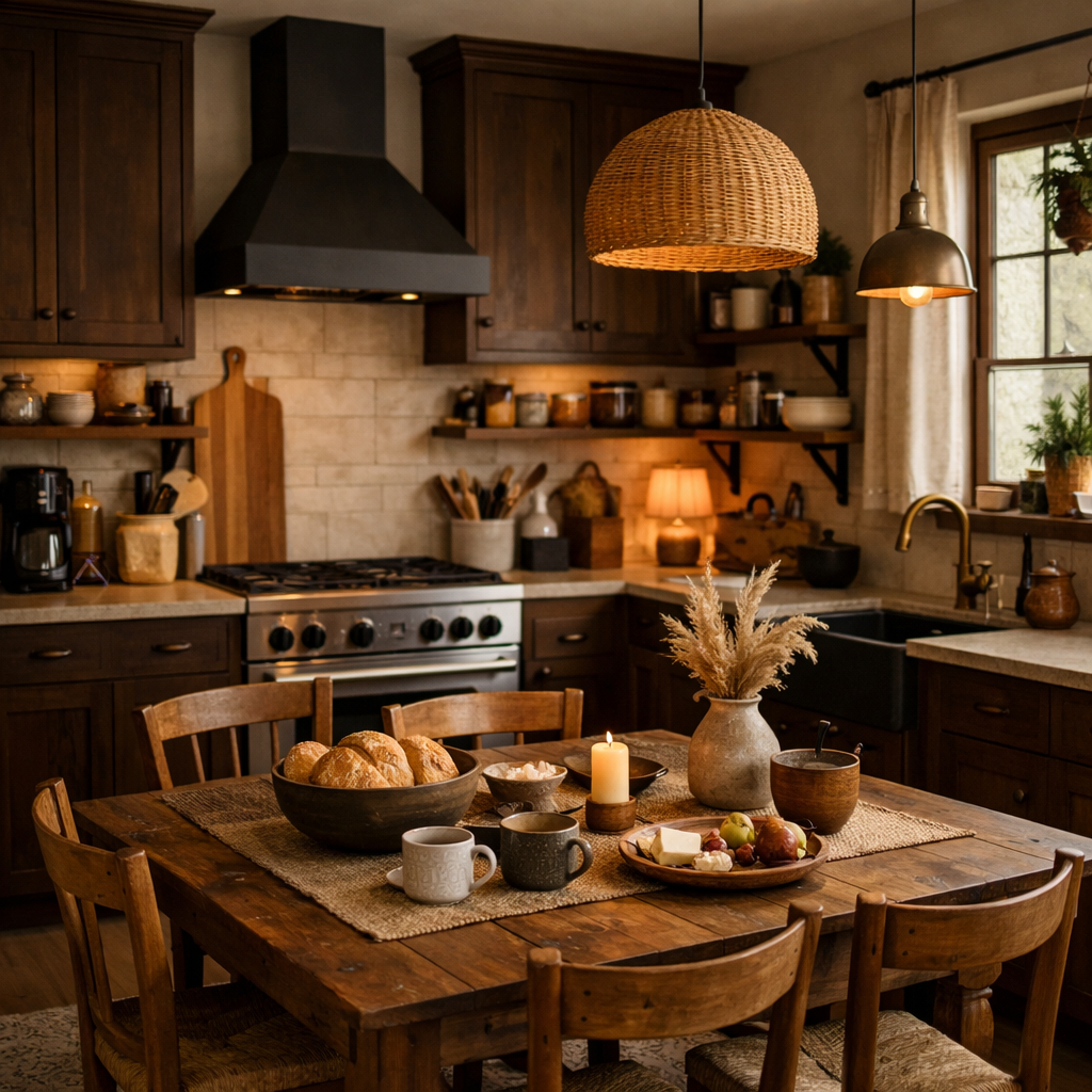 A warm kitchen featuring dark brown cabinets and wooden accents.