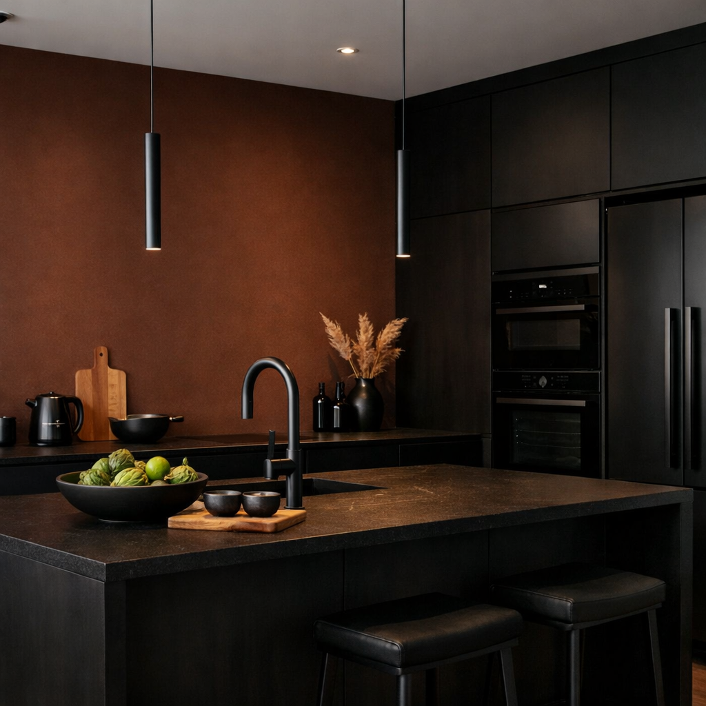 Modern kitchen with deep brown accent wall and black fixtures