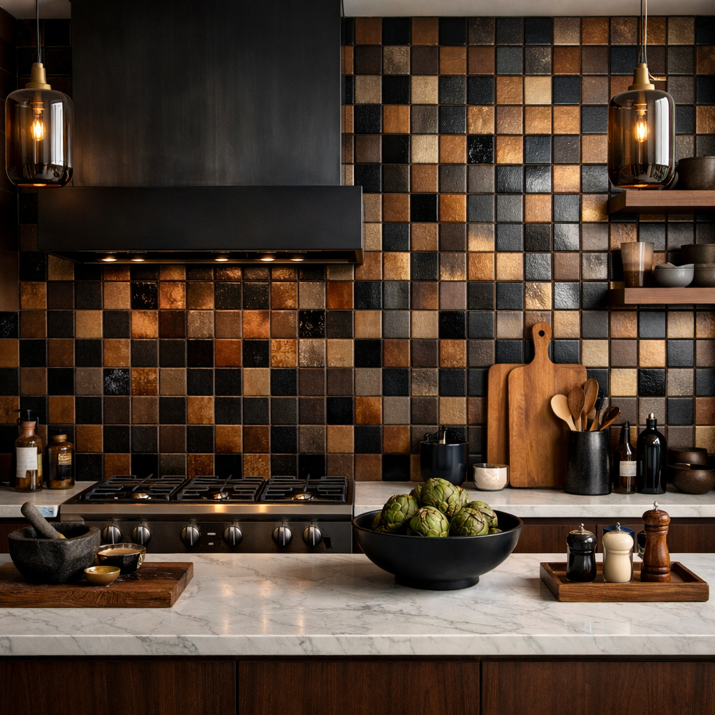 Stylish kitchen with a black and brown tile backsplash and modern appliances