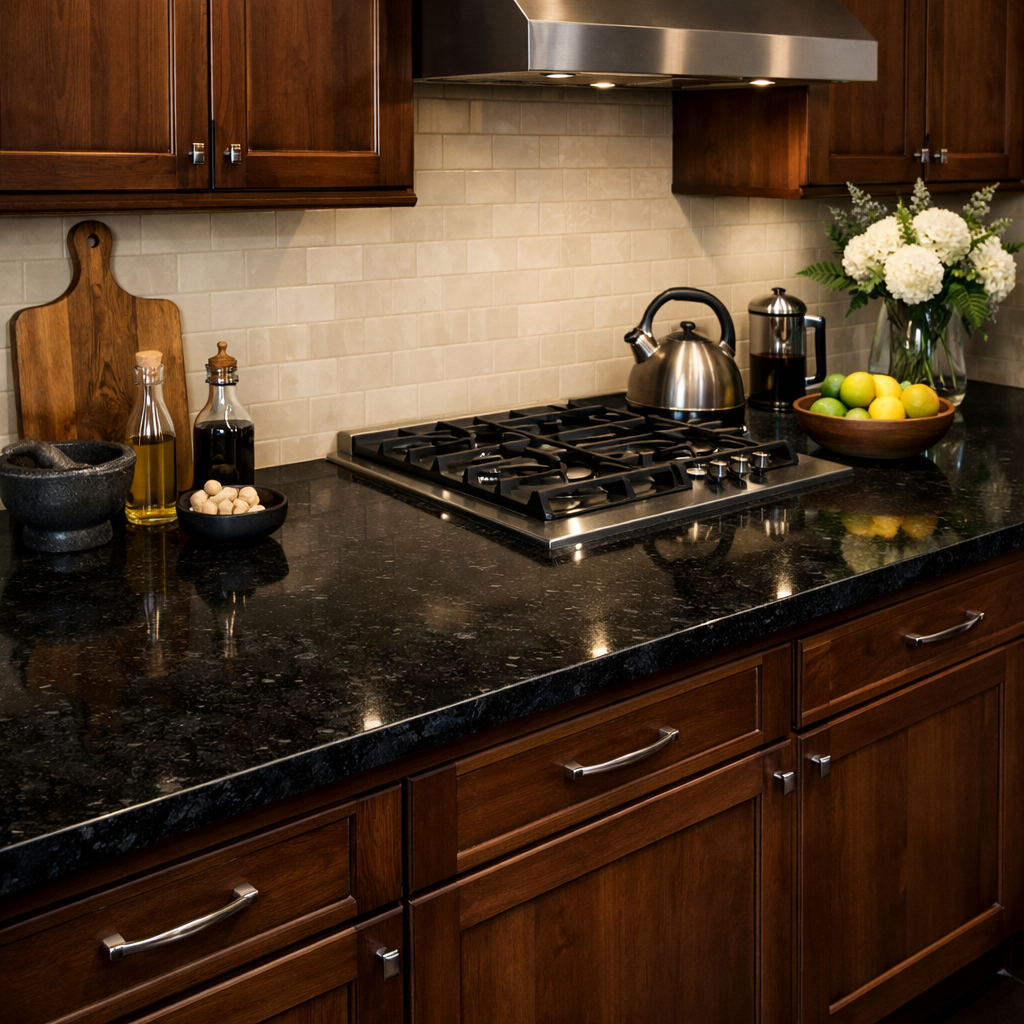 A cozy kitchen featuring black granite countertops and brown wood cabinets.