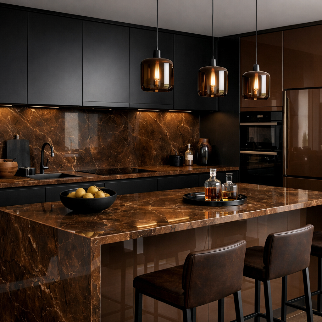 A modern kitchen featuring matte black cabinets and glossy brown marble countertops, with stylish light fixtures.