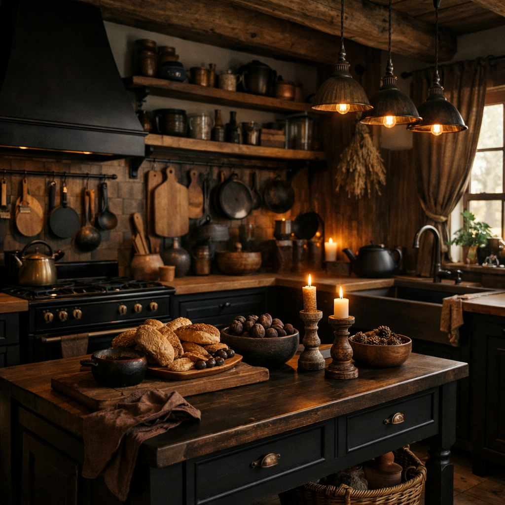 Cozy kitchen with black cabinets, wooden accents, baked goods on the island, and warm lighting.