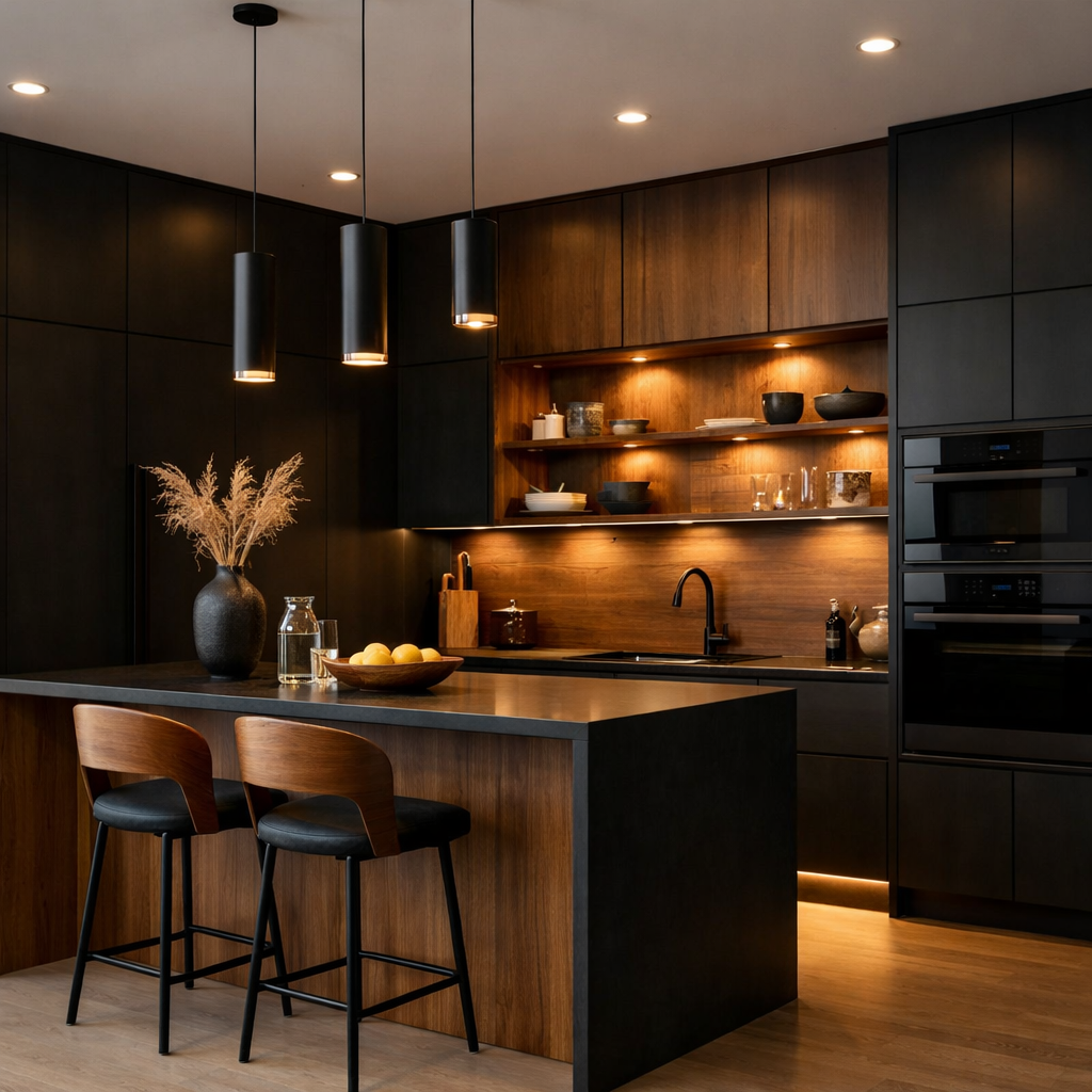 A modern kitchen with black cabinets and warm wood accents, featuring stylish pendant lights and a cozy atmosphere.