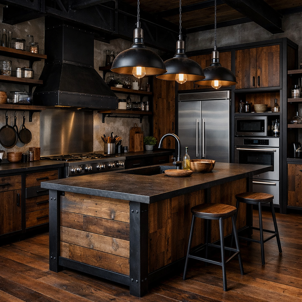 A black and brown industrial style kitchen featuring wooden cabinetry, black metal accents, and a spacious island.