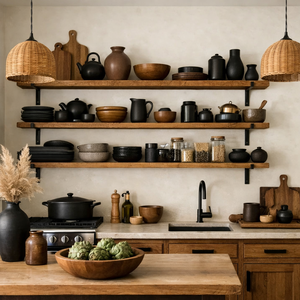 Open shelving with black and brown kitchen decor, featuring wooden shelves, black dishes, and decorative items.