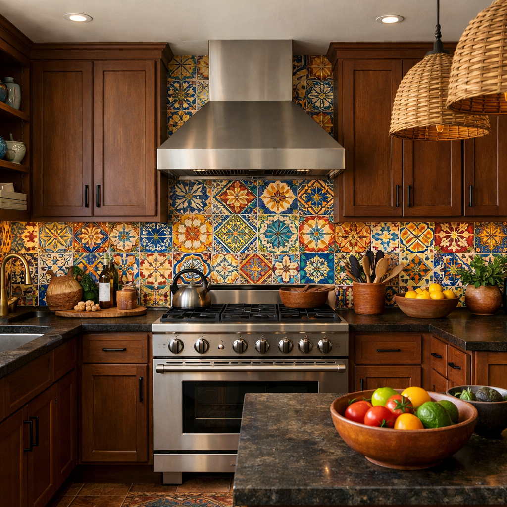 A vibrant kitchen featuring bold mosaic tiles as a backsplash with brown cabinets and a modern stove.