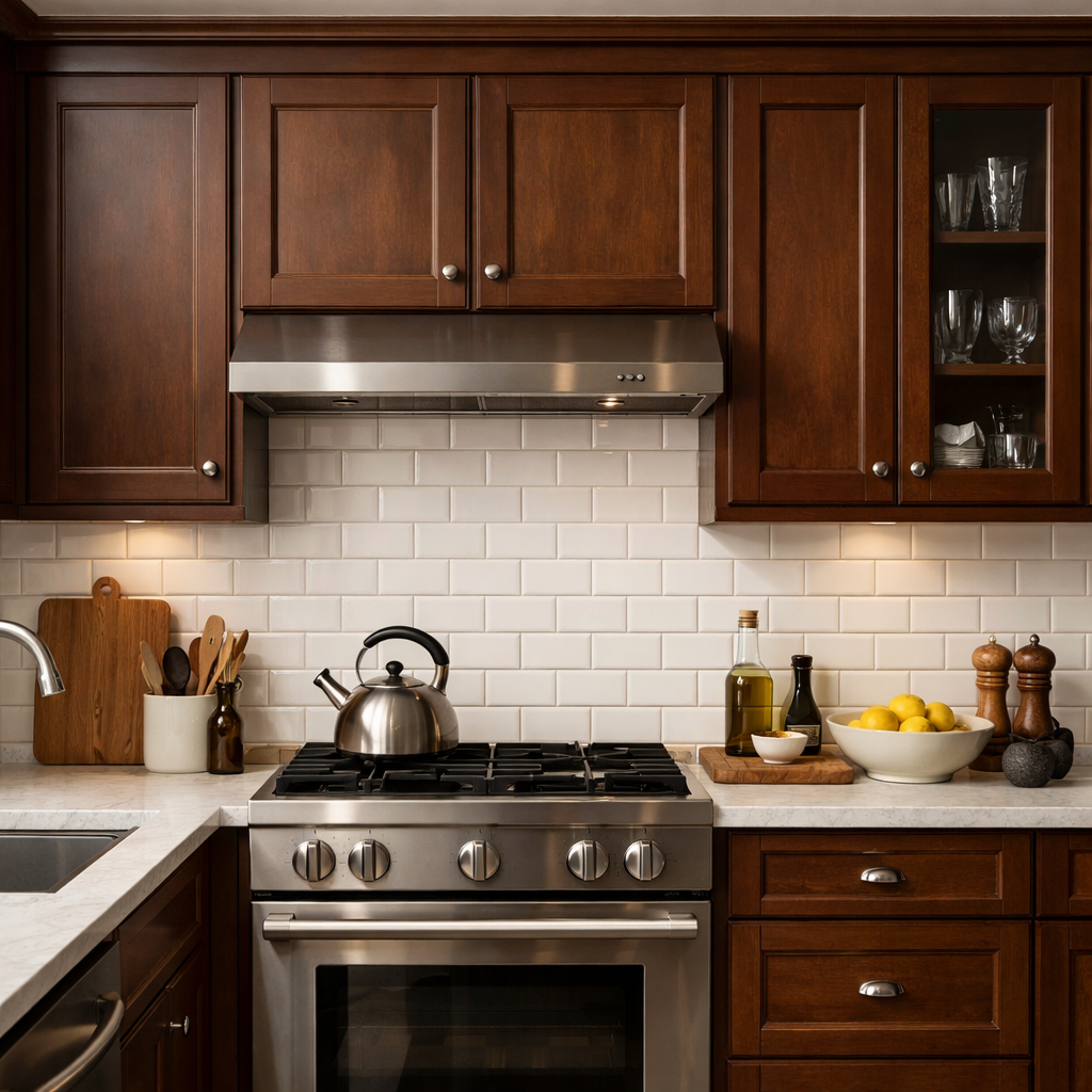 A kitchen featuring brown cabinets and classic white subway tiles as a backsplash.