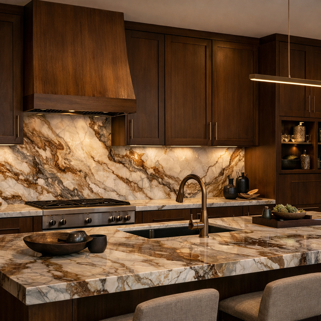 Elegant kitchen with brown cabinets and marble backsplash
