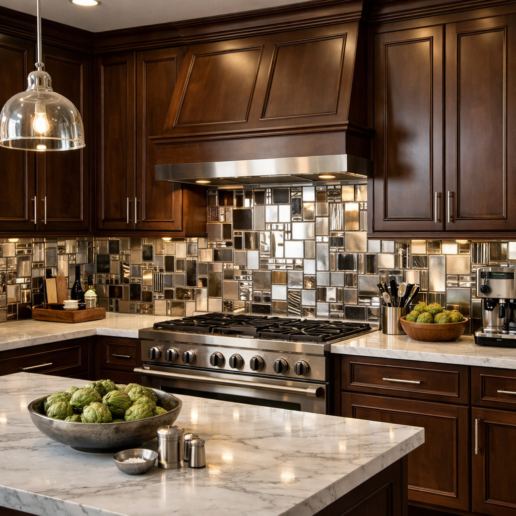 Kitchen with brown cabinets and metallic backsplash.