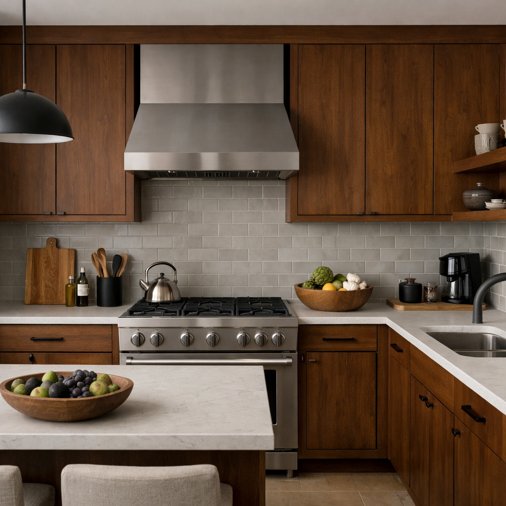 Kitchen with brown cabinets and subtle gray tile backsplash