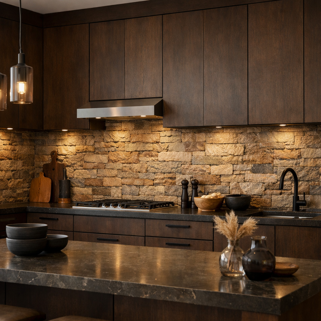 A sleek kitchen featuring textured stone panels as a backsplash against brown cabinets.