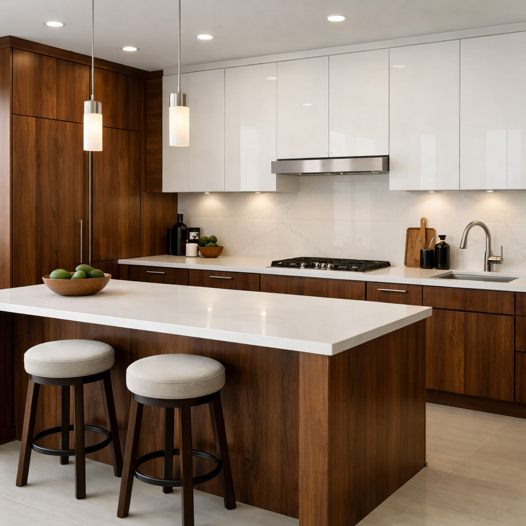Modern brown kitchen with white accents and a sleek island