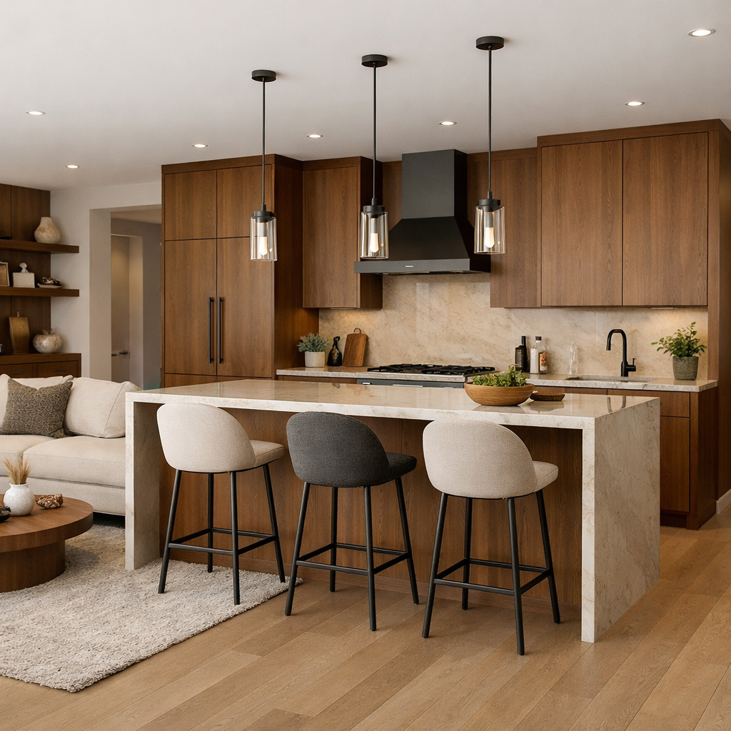 Modern brown kitchen with open concept layout, featuring bar stools and warm lighting.