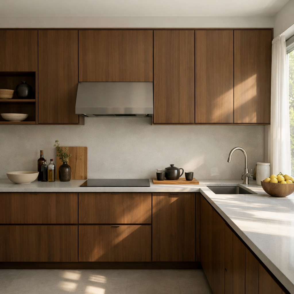 Interior of a sleek minimalist brown kitchen with wooden cabinets and clean lines