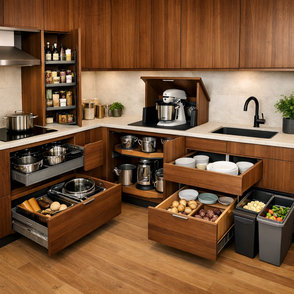 Modern brown kitchen showcasing smart storage solutions with organized drawers and shelves.