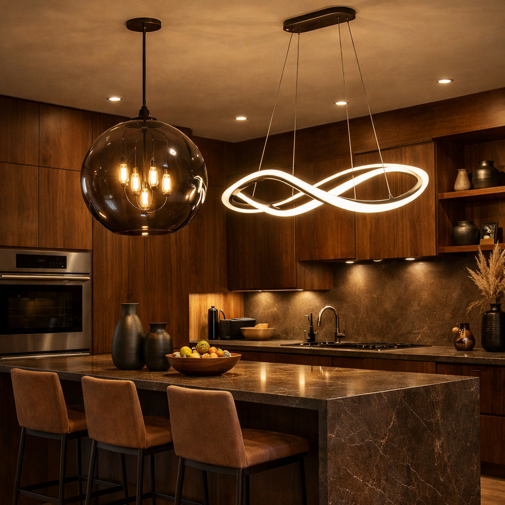 Modern brown kitchen with contemporary lighting fixtures