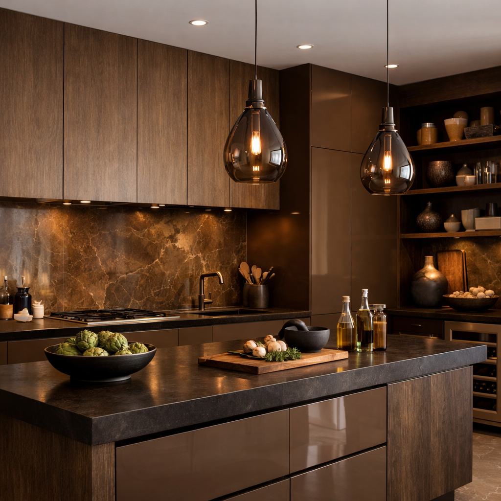 Modern brown kitchen showcasing textured cabinetry with dark wood and glossy surfaces.