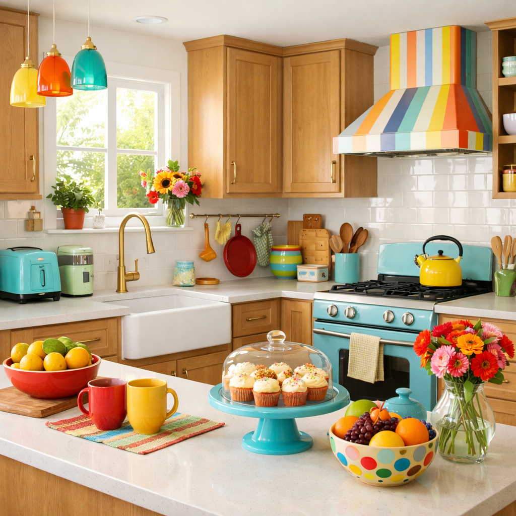 A bright kitchen with light brown cabinets, colorful accents, and vibrant decor.