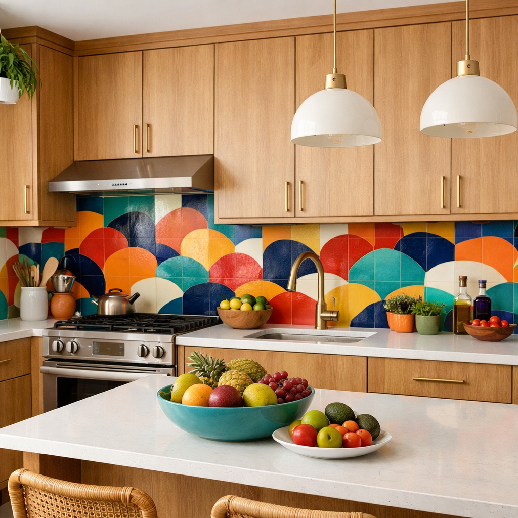 A colorful tiled backsplash in a kitchen with light brown cabinets and fruit on the counter.