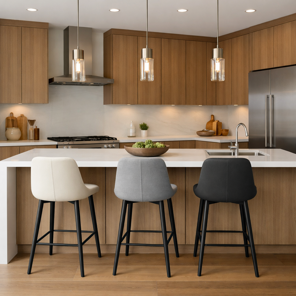 Modern kitchen featuring light brown cabinets and white countertops with stylish bar stools.