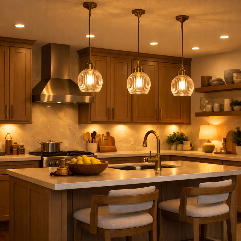A warm and inviting kitchen featuring light brown cabinets with layered lighting, including pendant lights and recessed lights.