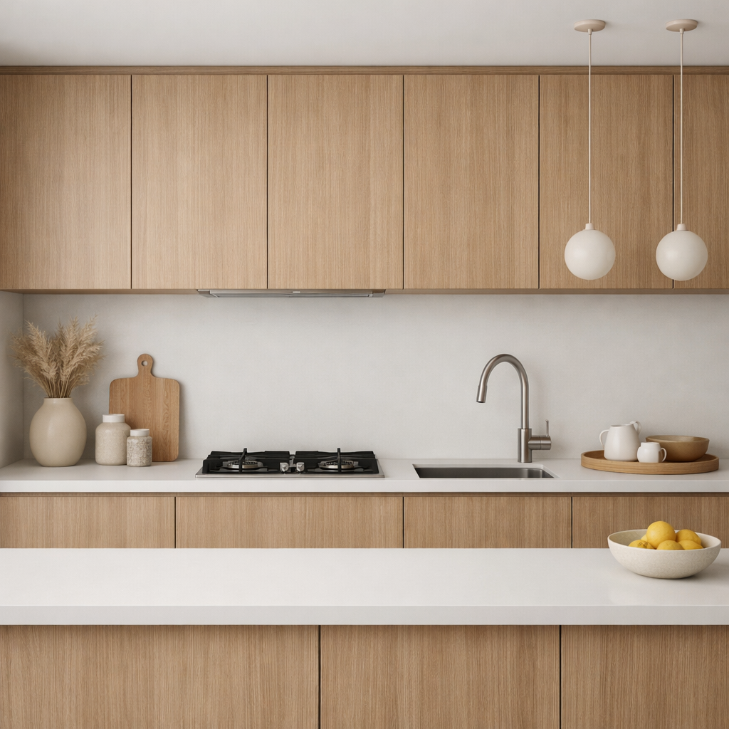 A modern kitchen with light brown cabinets, white countertops, and simple decor.