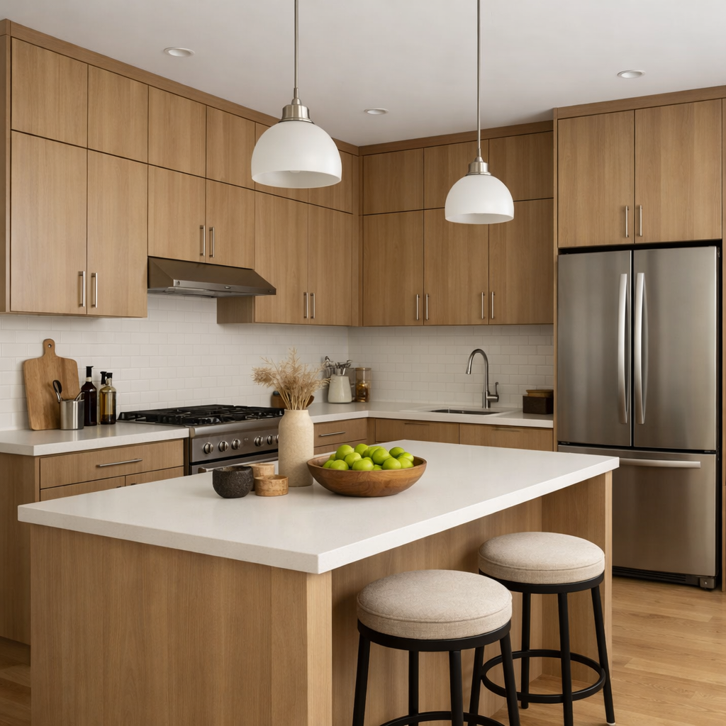 A modern kitchen featuring light brown cabinets with sleek hardware and a stylish island.