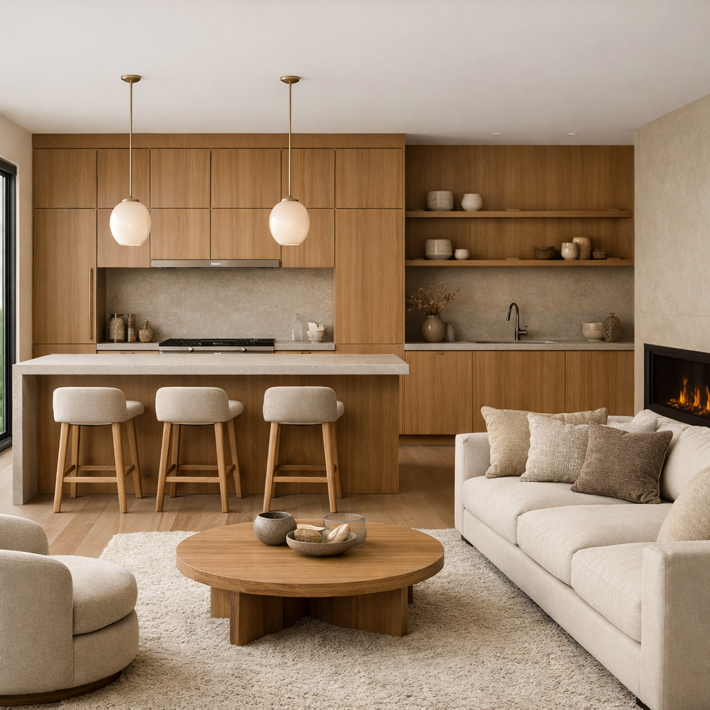 A modern kitchen with light brown cabinets and a cozy living area, featuring stylish decor