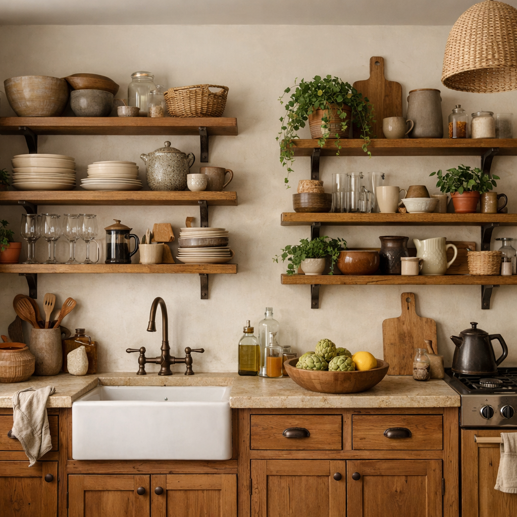 A cozy kitchen featuring light brown cabinets and open wooden shelves adorned with dishes, plants, and decorative items.