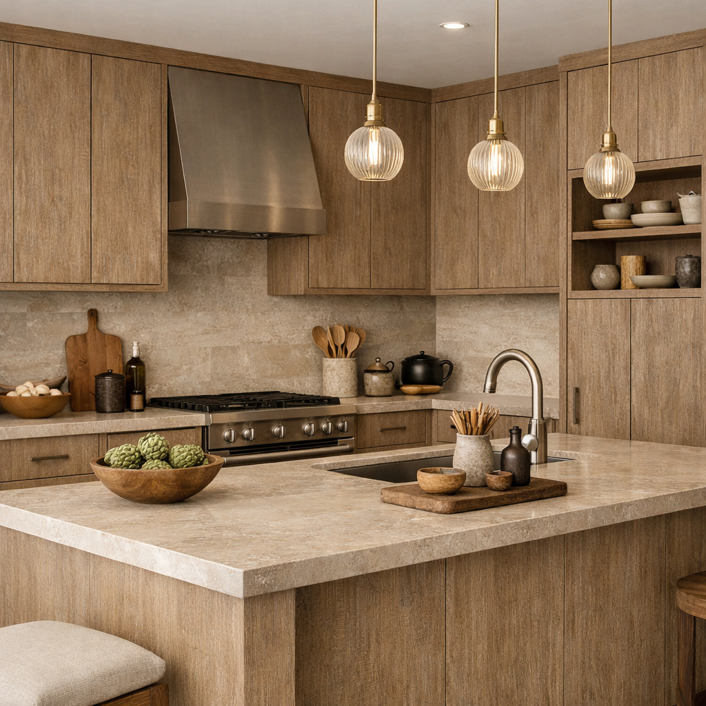 Modern kitchen with light brown textured cabinets, stainless steel appliances, and warm lighting.