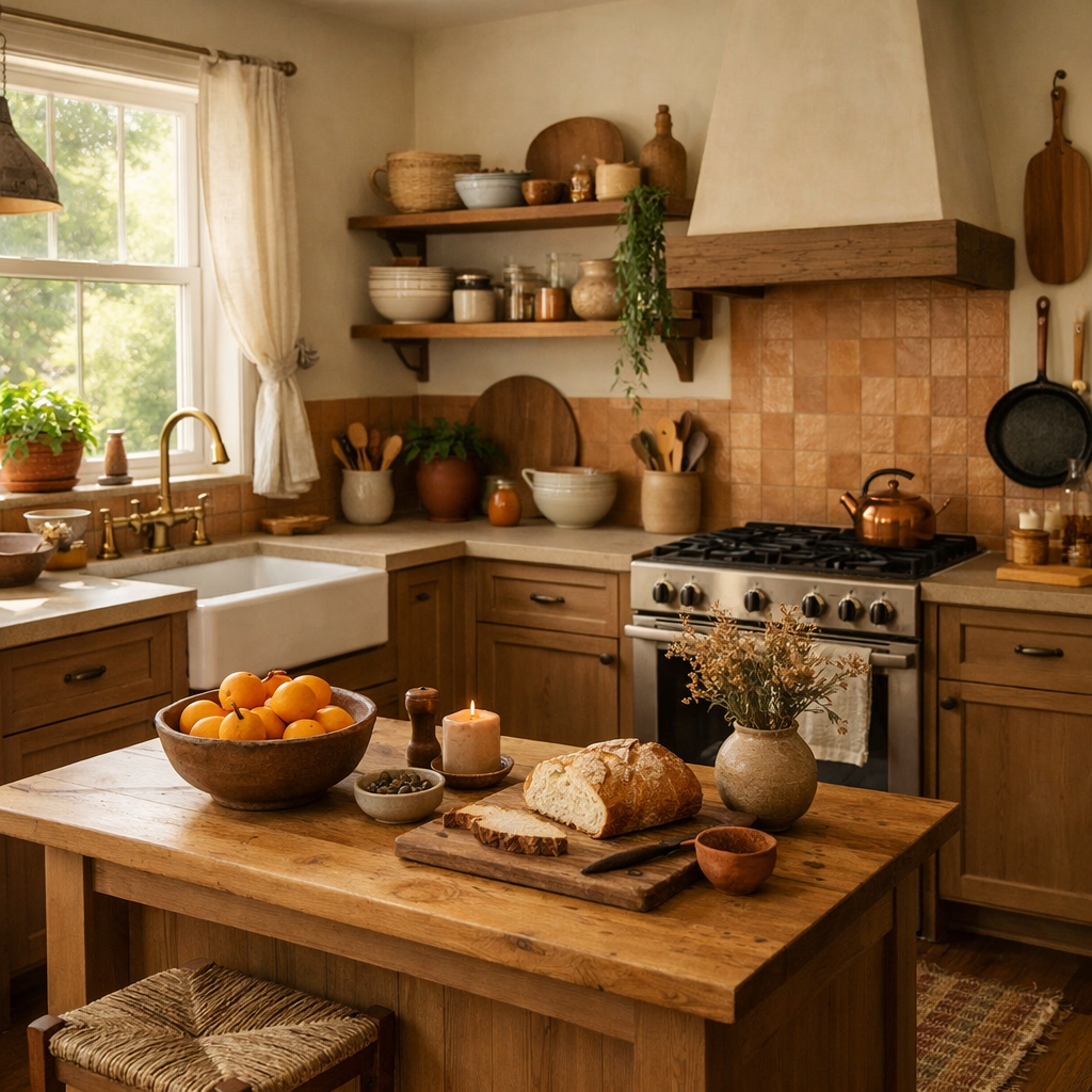 Warm kitchen with light brown cabinets, wooden shelves, and rustic decor.